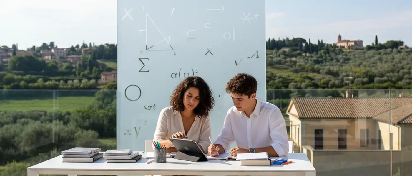 Studentessa e tutor lavorano insieme su equazioni di matematica in un appartamento luminoso a Milano