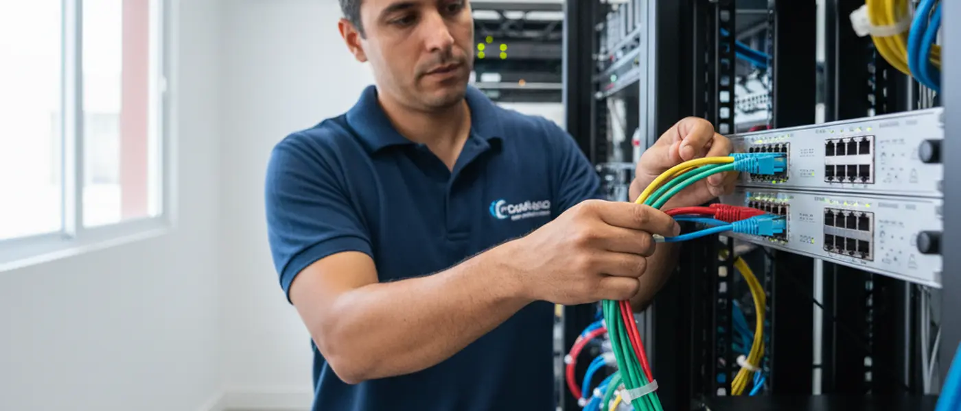 Técnico de informática instalando cabos de rede Cat6 em rack de servidor de uma pequena empresa