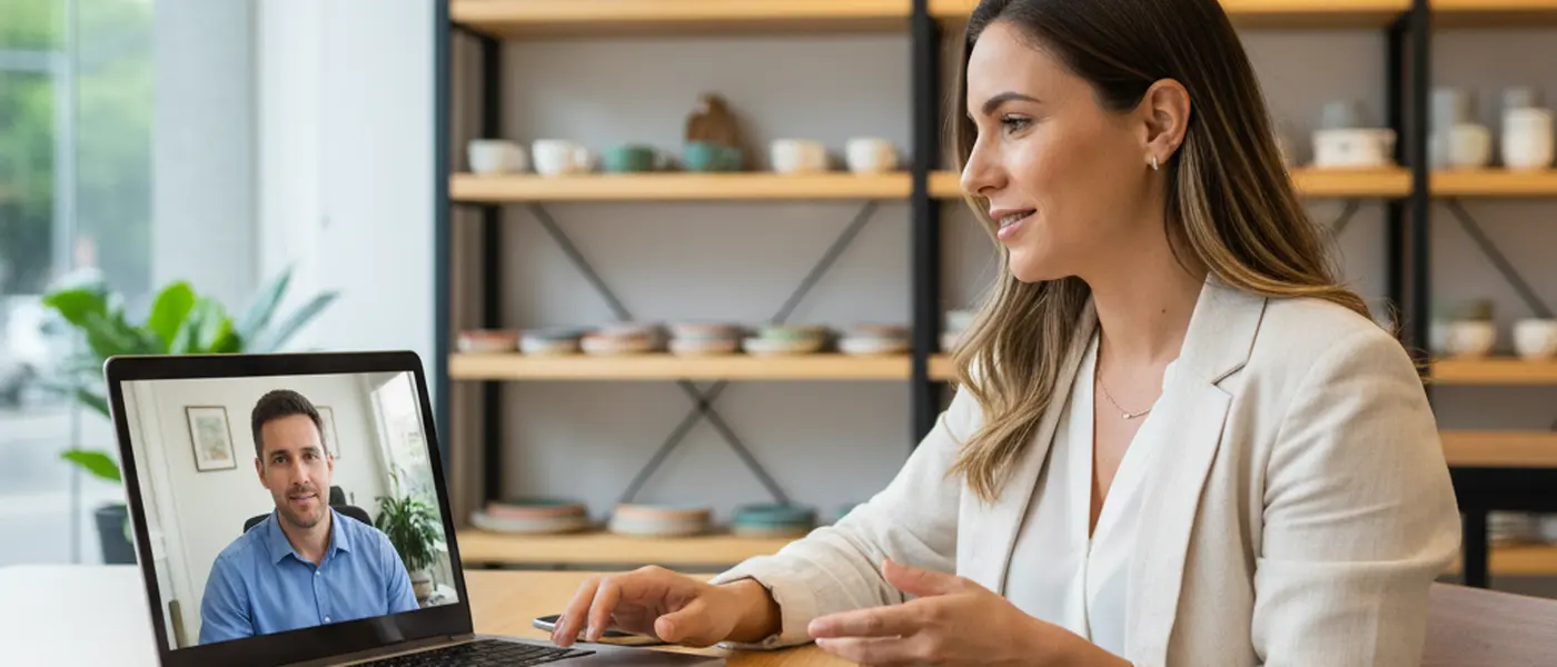 Empresário brasileiro consultando técnico de informática por videochamada em loja de varejo