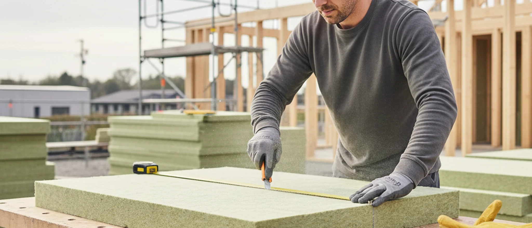 Artisan posant des panneaux d'isolation en polystyrène sur la façade extérieure d'une maison française