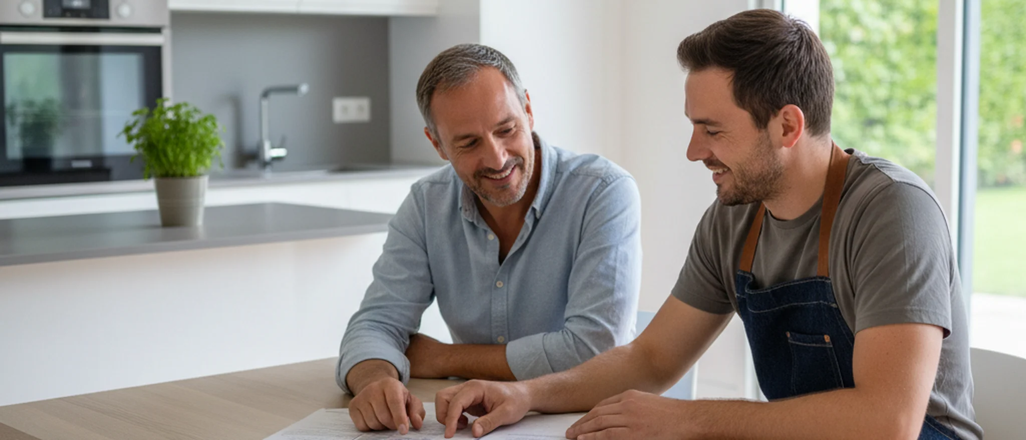 Propriétaire et artisan étudiant des devis de rénovation énergétique dans une cuisine française
