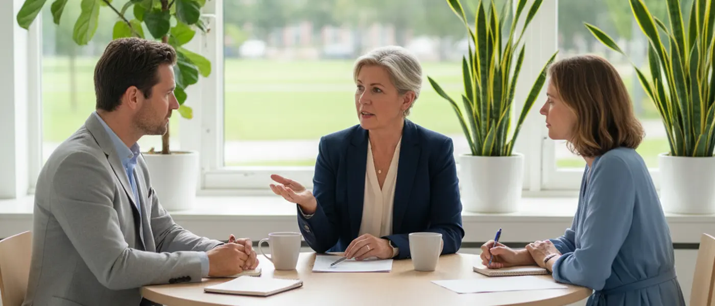 Mediator begeleidt een echtpaar tijdens een scheidingsgesprek in een modern Nederlands kantoor