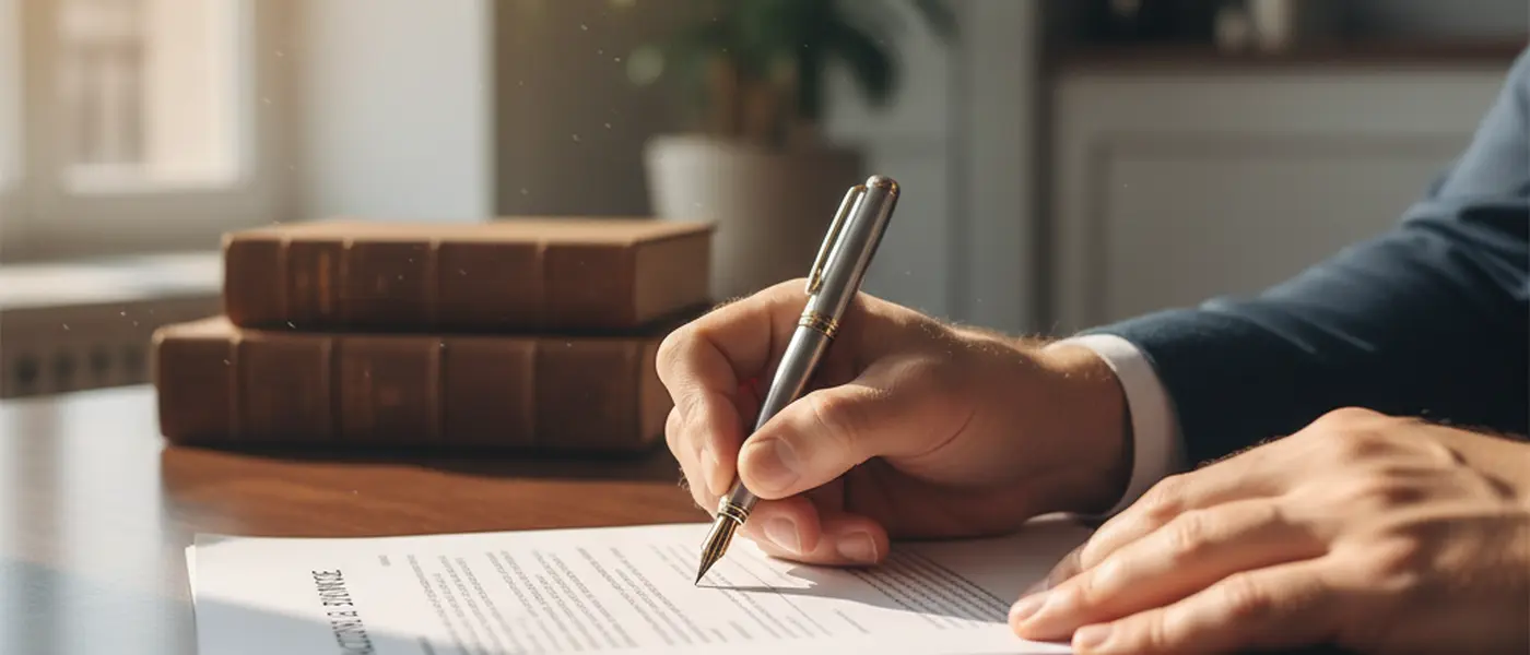 Handen ondertekenen scheidingsdocumenten met een pen, trouwring op tafel naast de papieren