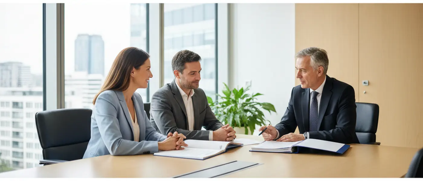 Couple discutant avec un avocat dans un cabinet moderne, documents étalés sur la table de réunion