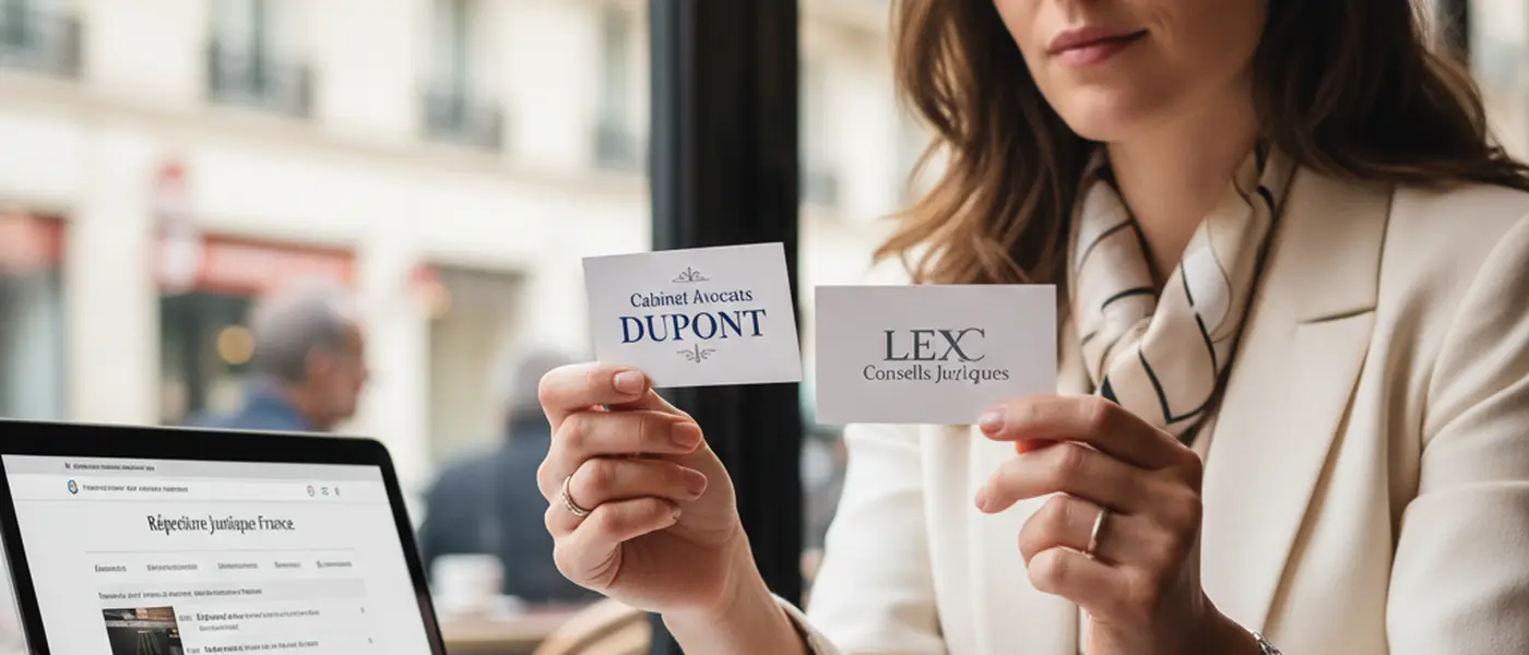 Femme comparant des cartes de cabinets d'avocats, ordinateur portable ouvert sur un annuaire juridique