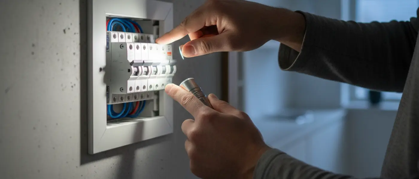 Boligejer slukker hovedafbryderen i eltavlen under et strømudfald i dansk hjem