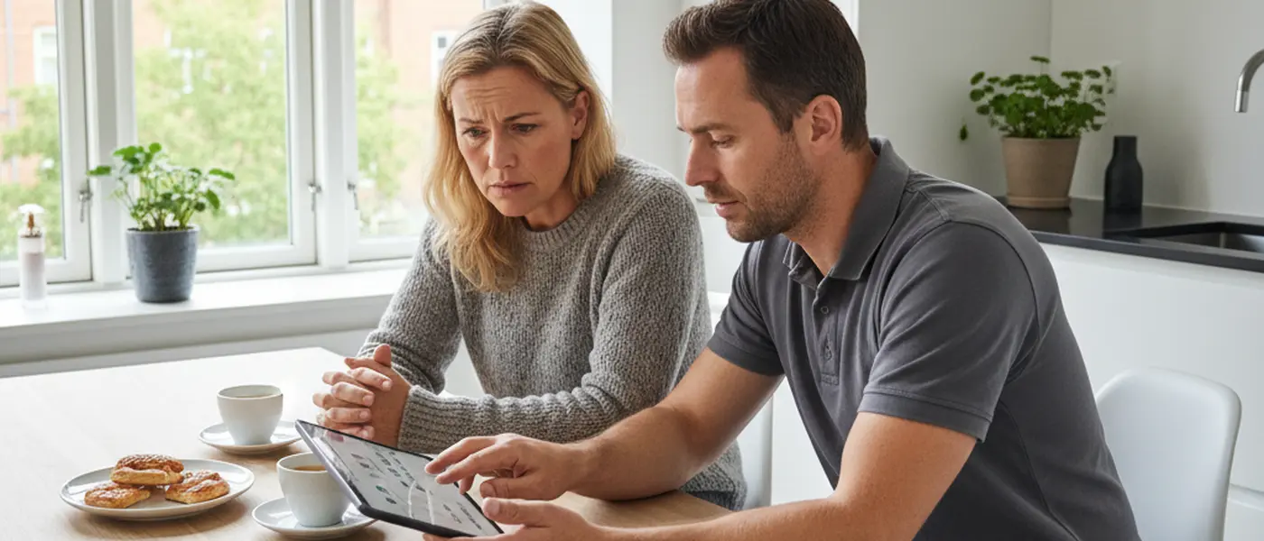 Dansk elektriker gennemgår prisoverslag med boligejer ved køkkenbord i dansk lejlighed