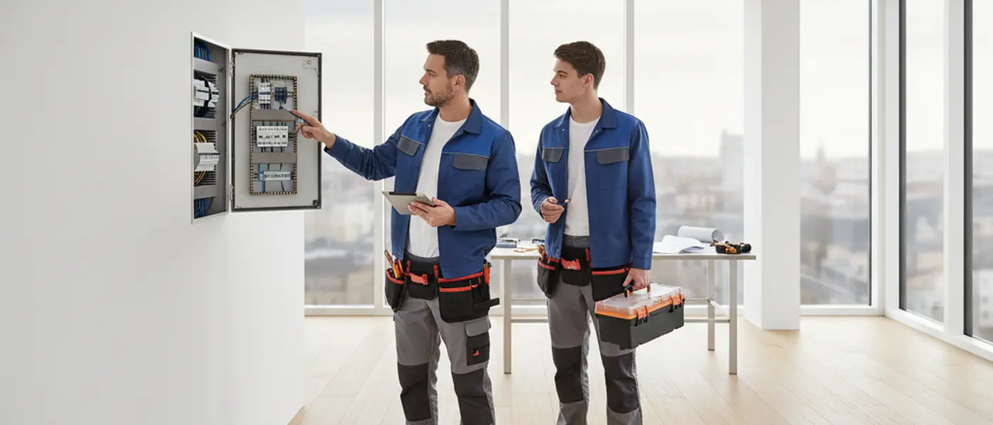 Dansk elektriker inspicerer eltavle med multimeter i dansk bolig om natten