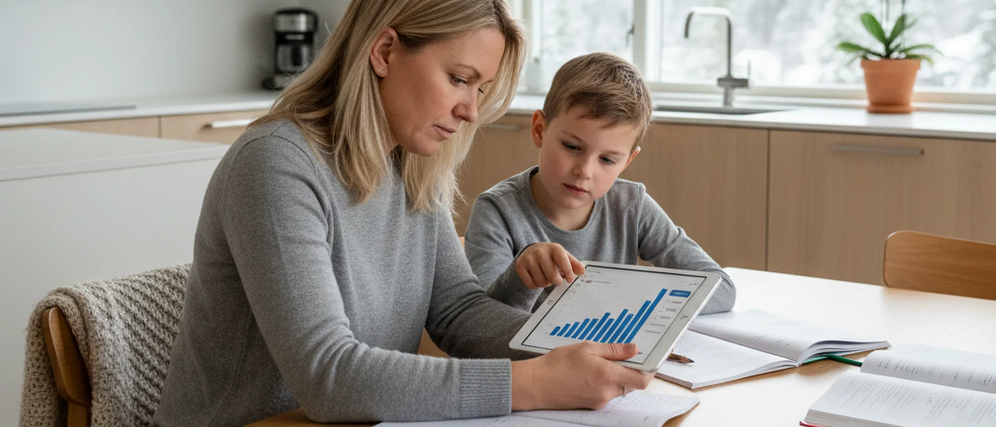 Norsk elev og privatlærer jobber sammen med bøker og laptop ved et skrivebord