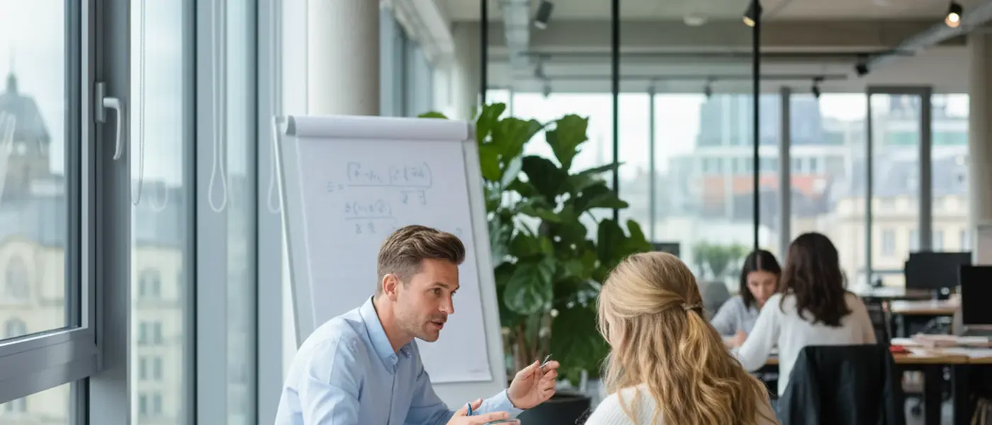 Norsk elev og privatlærer jobber sammen med lærebøker og laptop i et lyst skandinavisk hjemmekontor