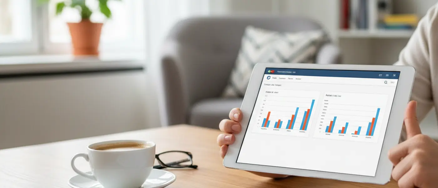 Person vergleicht Steuer-Apps auf einem Tablet neben Steuerbelegen und Kaffeetasse auf einem Holztisch