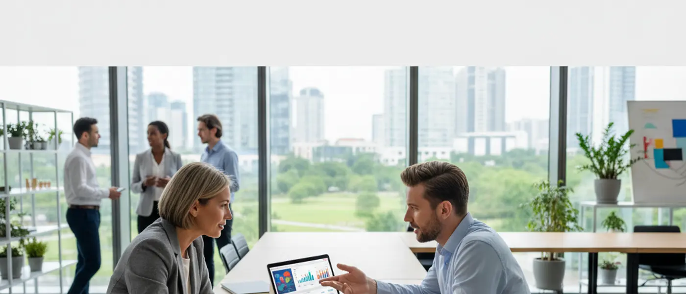 IT specialist showing AI software dashboard to a small business owner