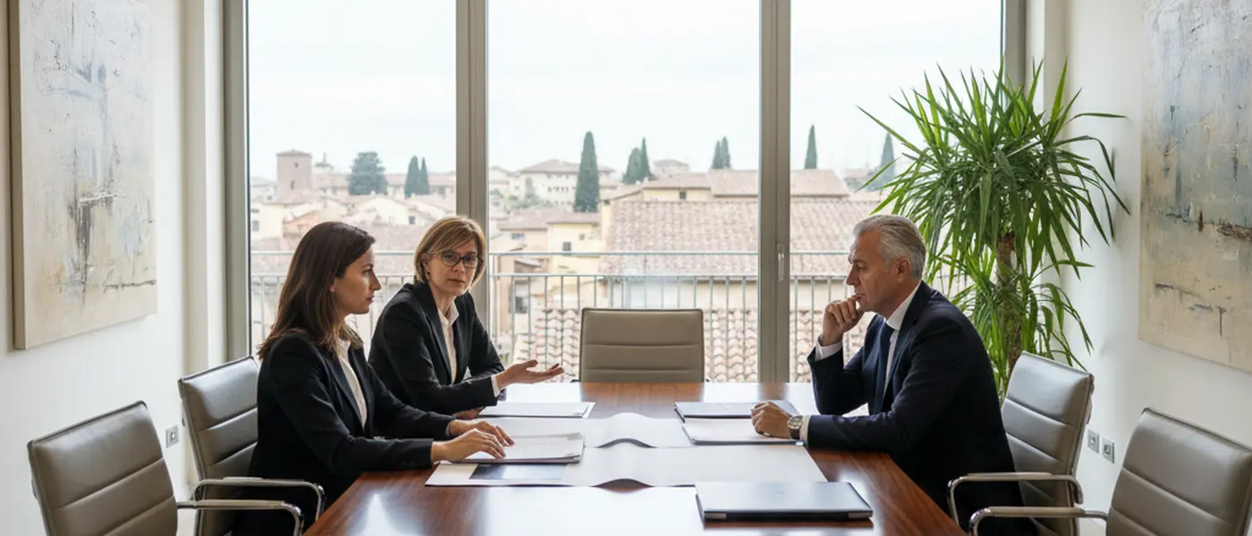 Coppia italiana seduta con i rispettivi avvocati in uno studio legale durante una trattativa di separazione