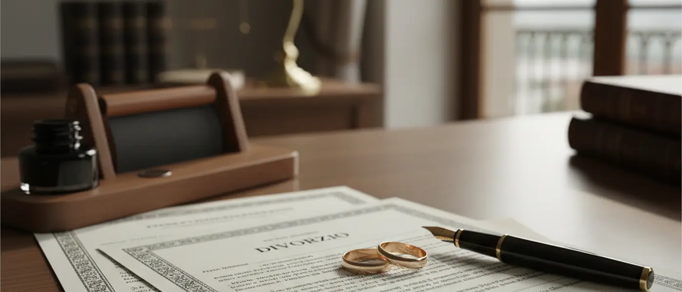 Documenti legali di divorzio con fedi nuziali e penna stilografica su una scrivania notarile