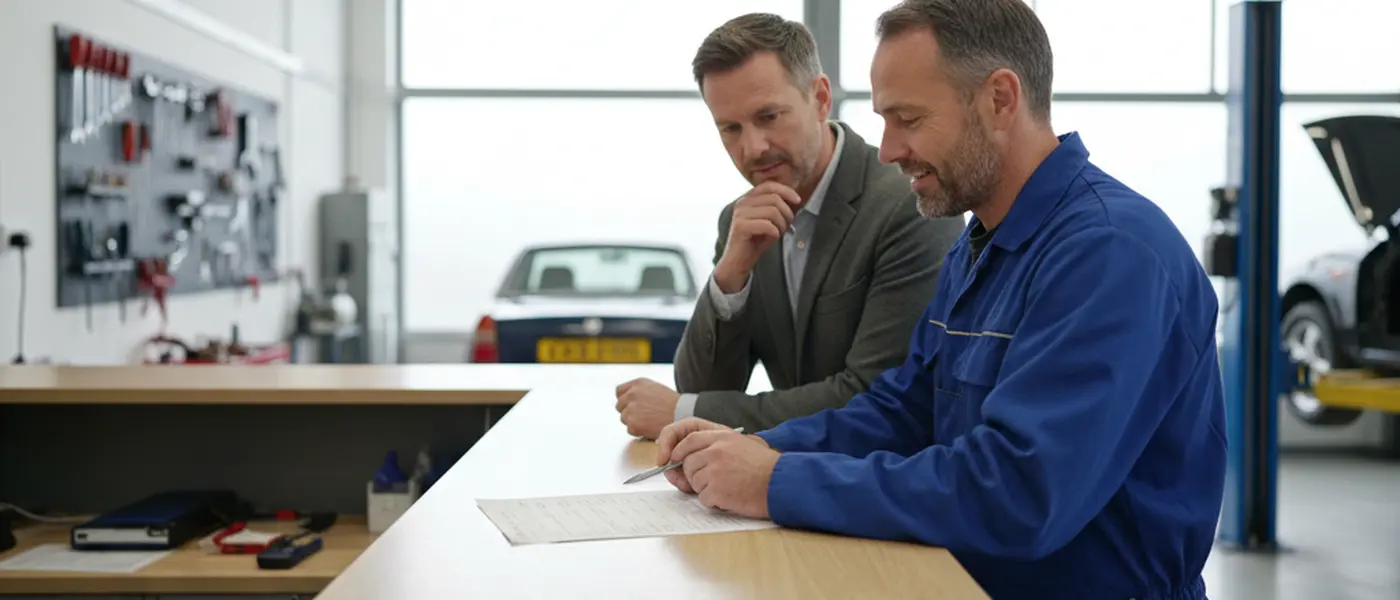 Car owner and mechanic reviewing a written repair estimate at a garage counter in a UK workshop