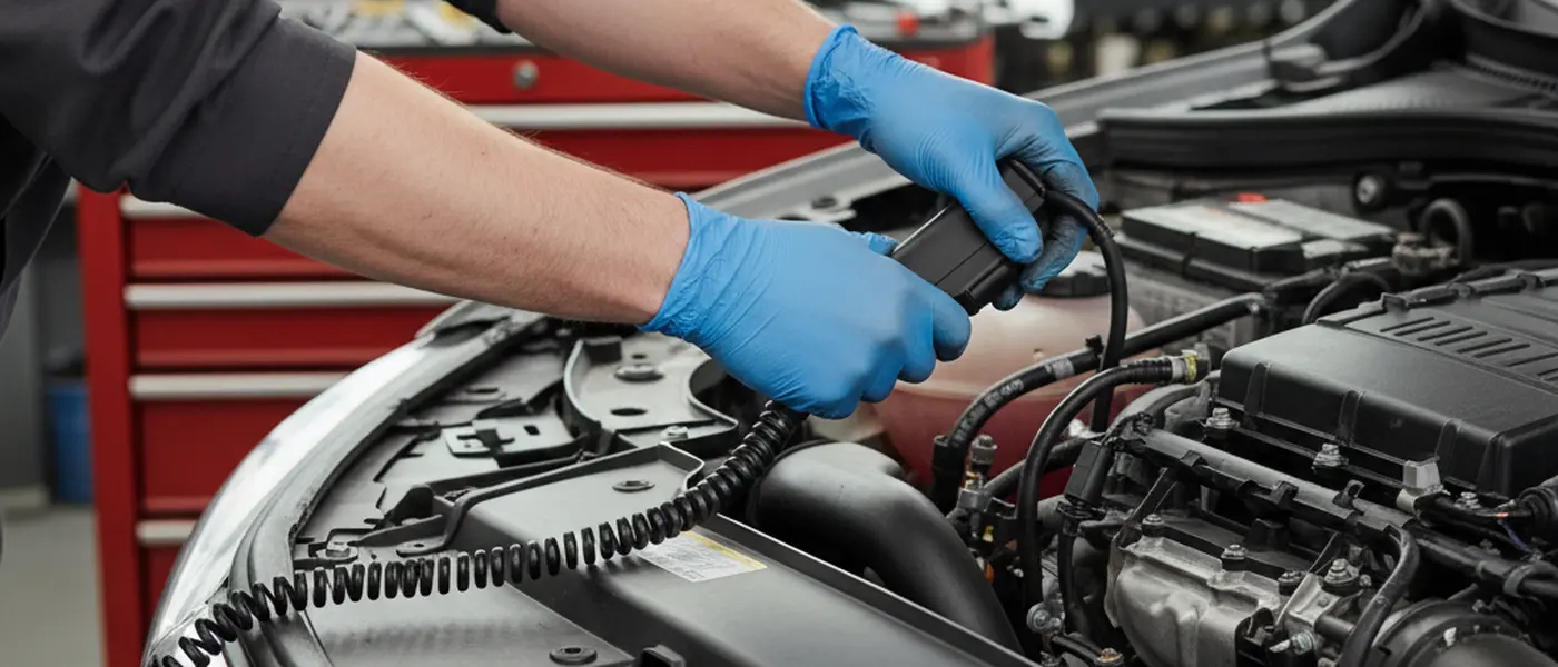 Mechanic using a diagnostic OBD scanner on a car engine in a British garage workshop