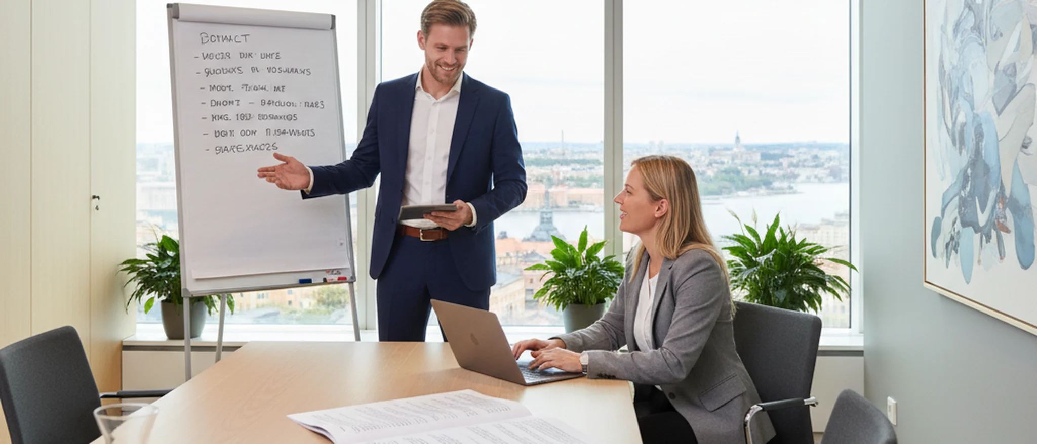 Två yrkesverksamma diskuterar ett avtal i ett modernt konferensrum i Sverige