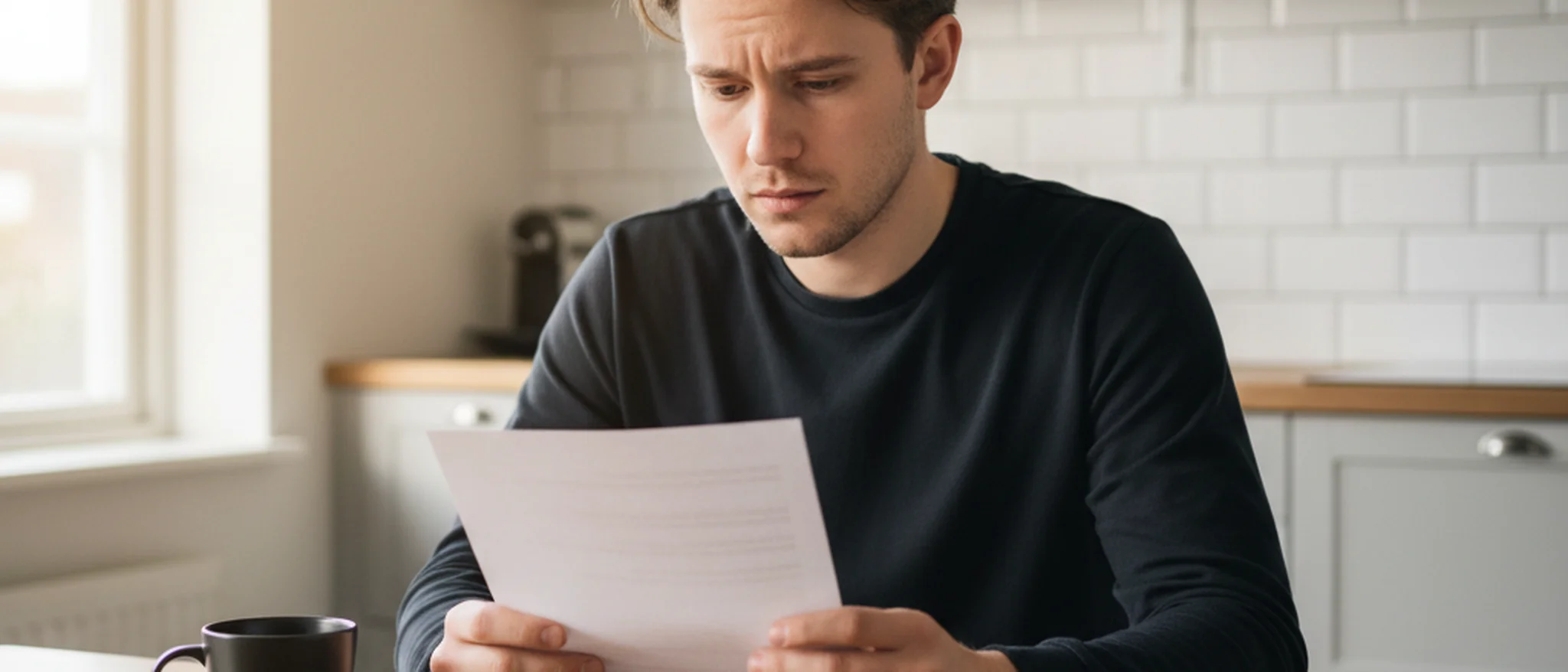 Ung svensk man läser ett uppsägningsbrev vid köksbordet med en kopp kaffe