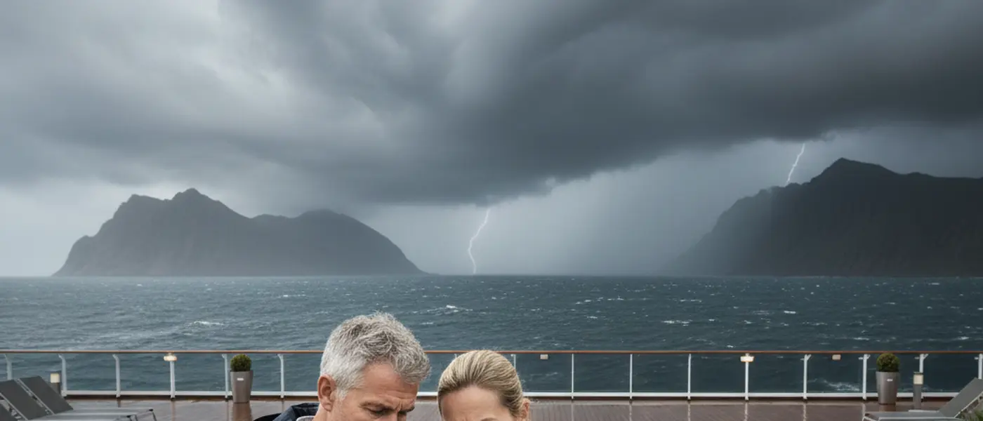 Deutsches Ehepaar auf einem Kreuzfahrtschiff überprüft geänderte Reiseroute auf Tablet bei stürmischem Wetter