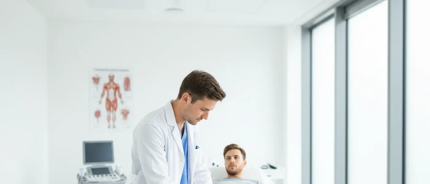 Sports medicine specialist examining a patient's hamstring injury on an examination table