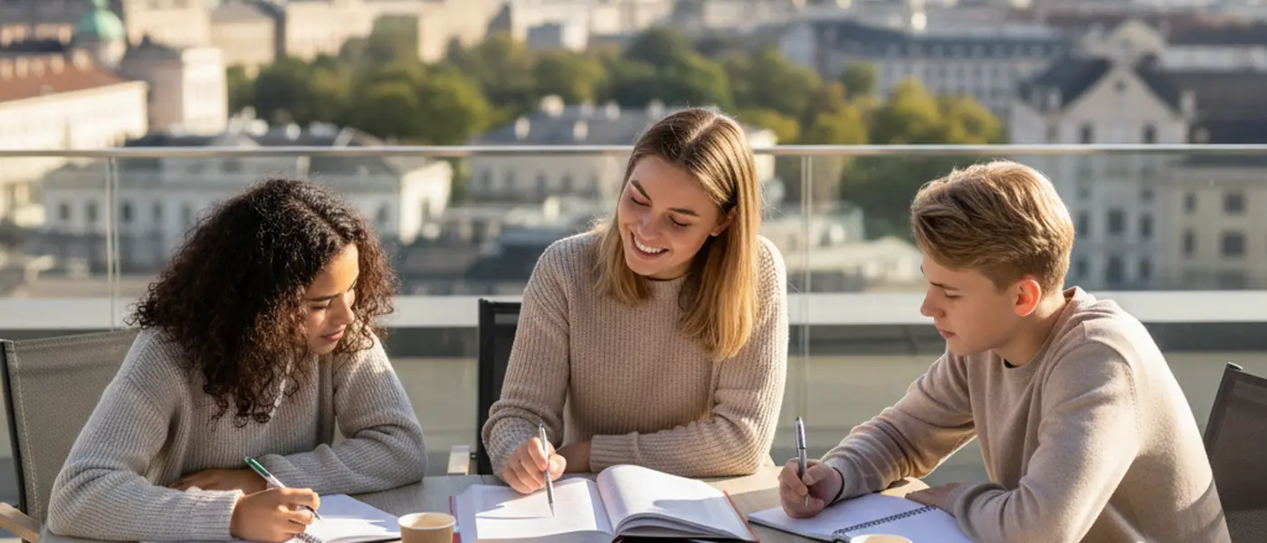 Nachhilfelehrerin erklärt einem Schüler Mathematik am Whiteboard in einem hellen Lernraum