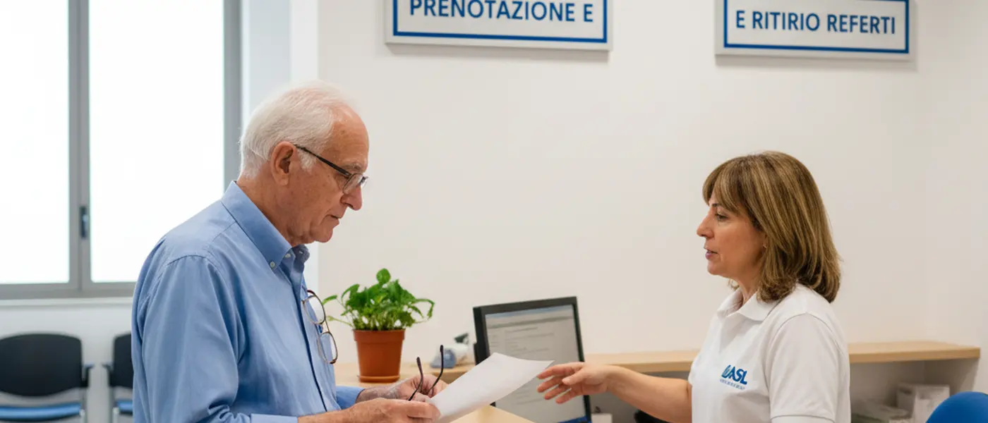 Paziente italiano che consulta documenti medici presso uno sportello ASL