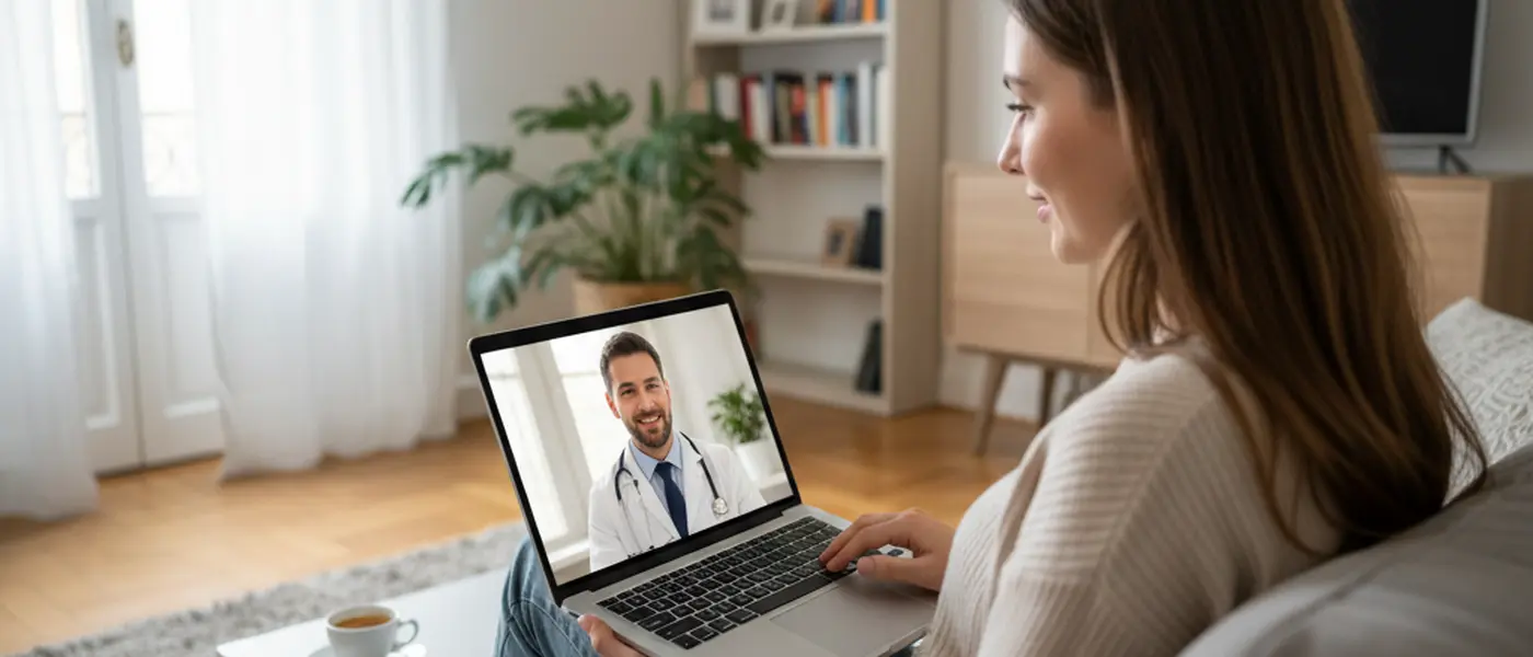 Giovane donna italiana in videoconsulto con un dottore dal proprio appartamento