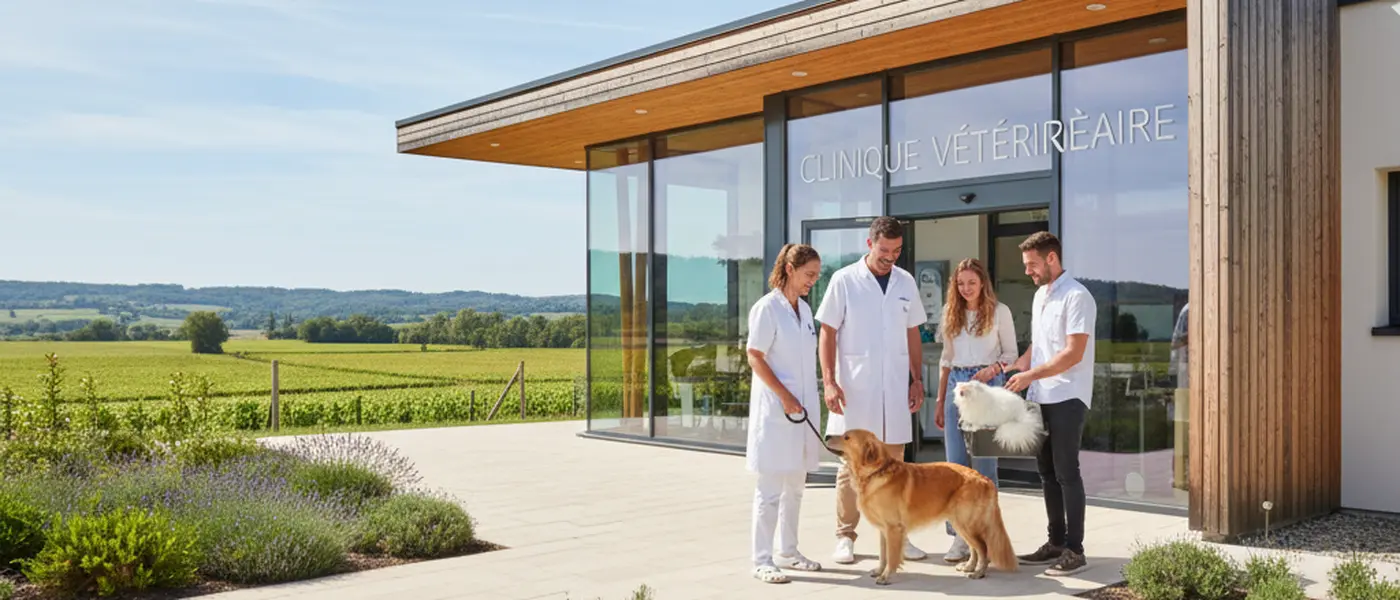 Veterinária portuguesa a examinar um golden retriever numa clínica moderna em Lisboa