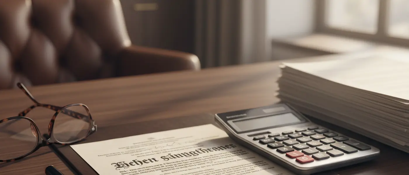 Erbschaftsdokumente und Taschenrechner auf dem Schreibtisch eines Anwalts für Erbrecht