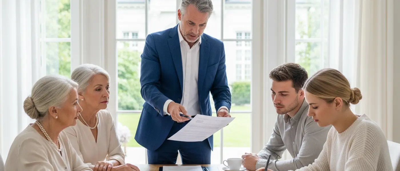 Deutsche Familie bespricht ein Testament gemeinsam am Esstisch mit Dokumenten