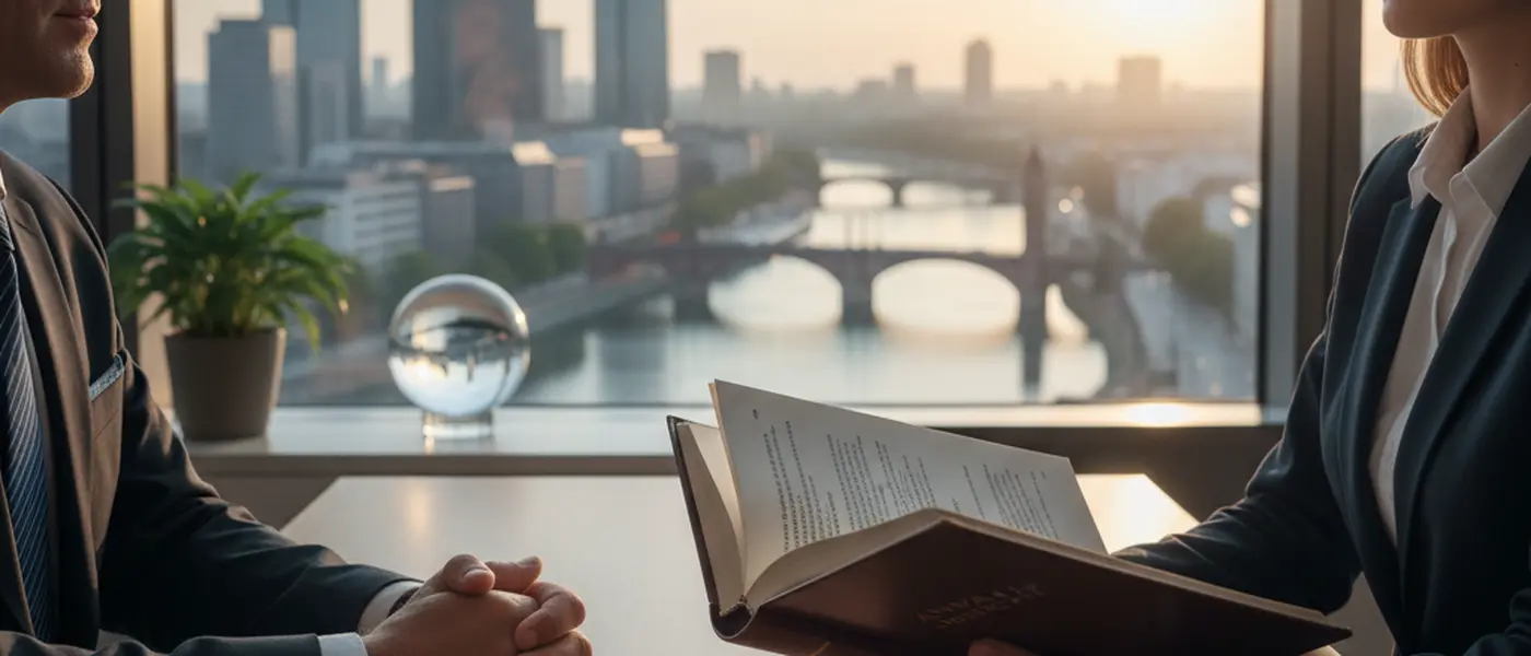 Mann bespricht Erbschaftsangelegenheiten mit einer Rechtsanwältin in einer modernen Kanzlei