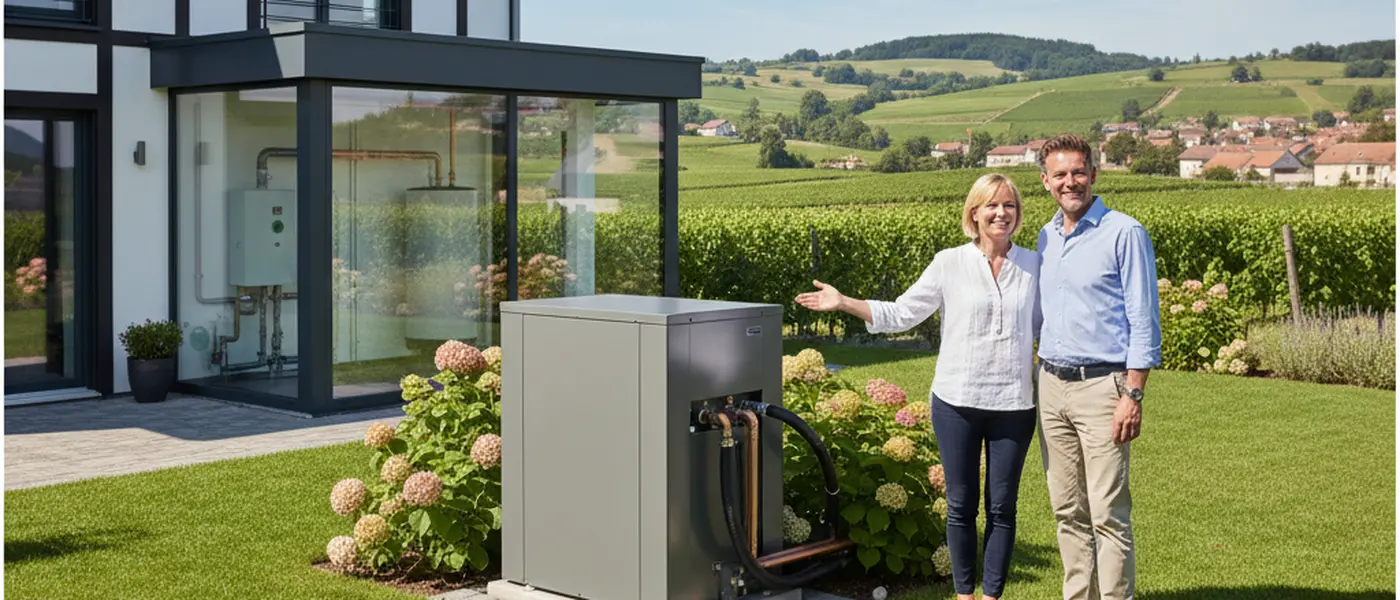 Technicien qualifié installant une pompe à chaleur air-eau sur une maison française en pierre