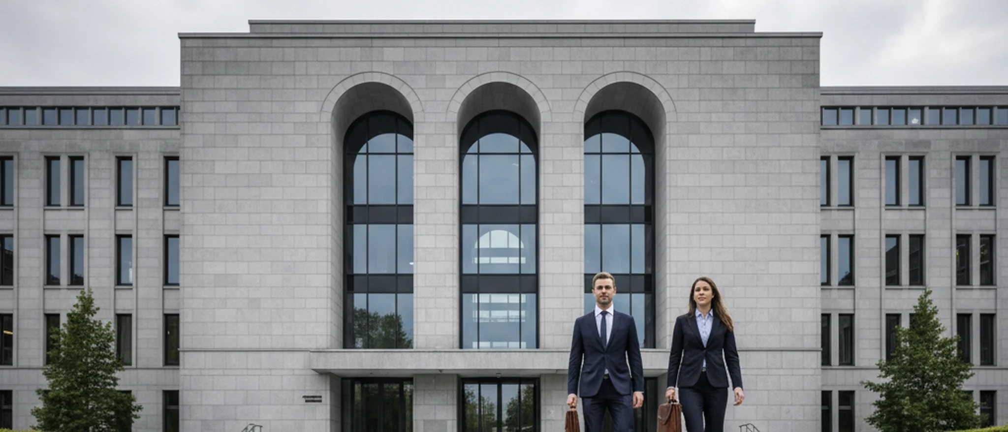 Professionele advocaten lopen de trappen op van een Nederlands gerechtsgebouw