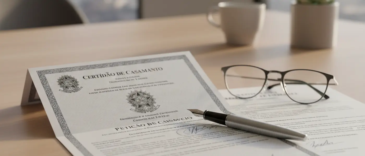 Documentos jurídicos, certidão de casamento e papéis de divórcio sobre uma mesa de escritório com caneta e óculos de leitura