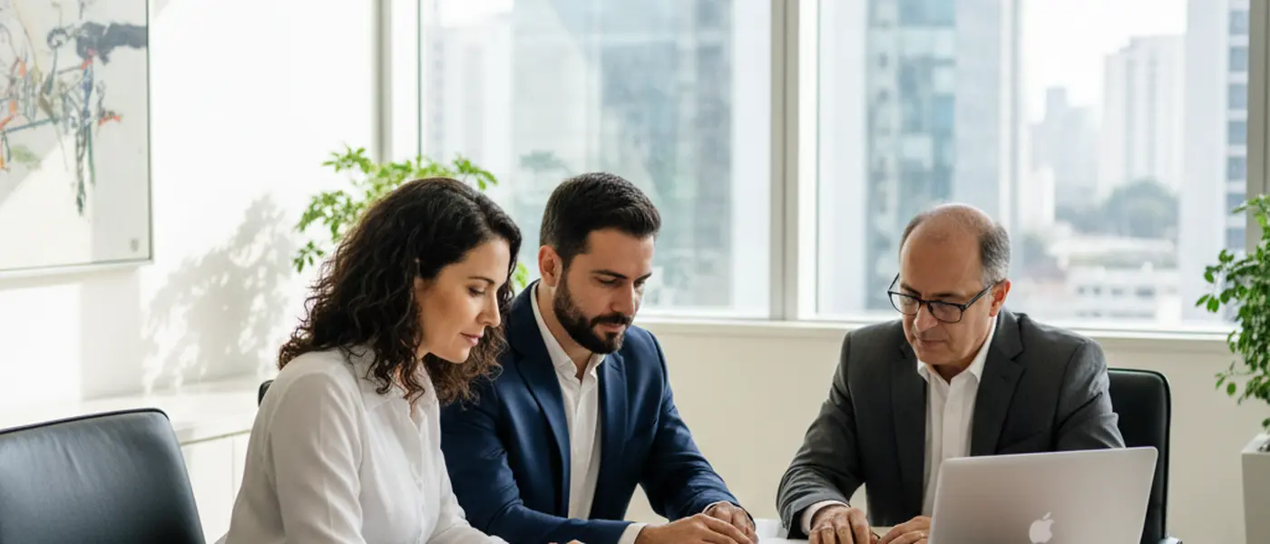 Casal brasileiro revisando documentos financeiros com um advogado em escritório profissional