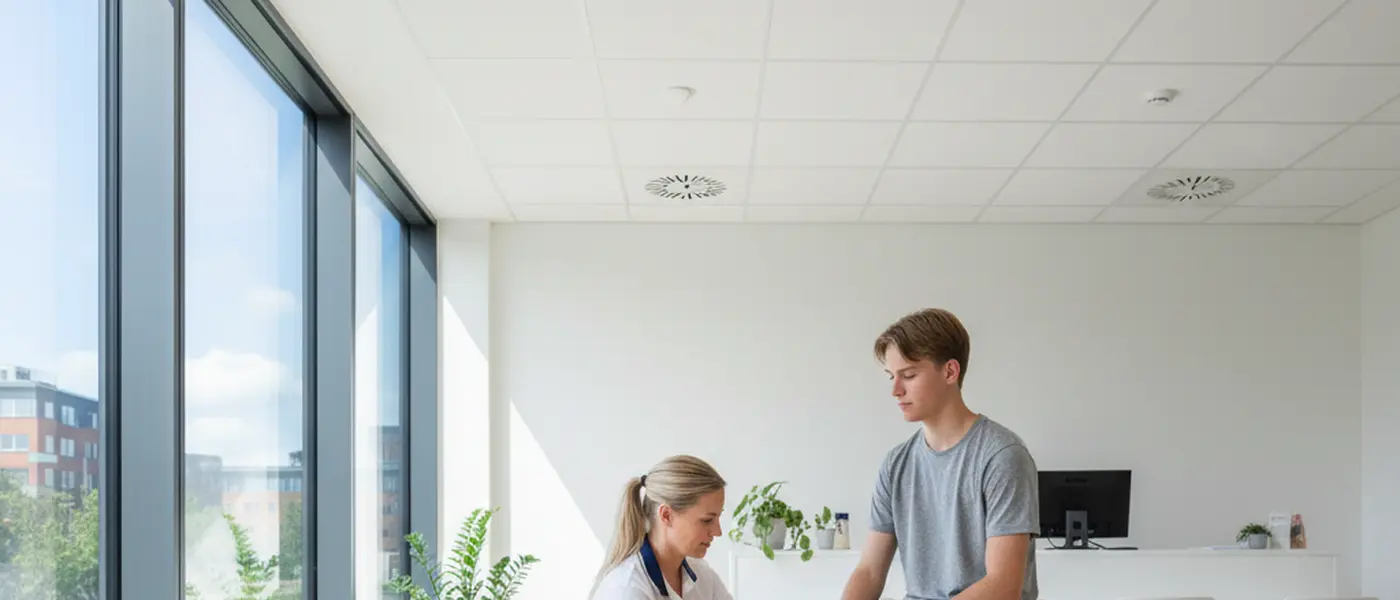 Svensk idrottsläkare undersöker en ung atlets knä i klinisk miljö