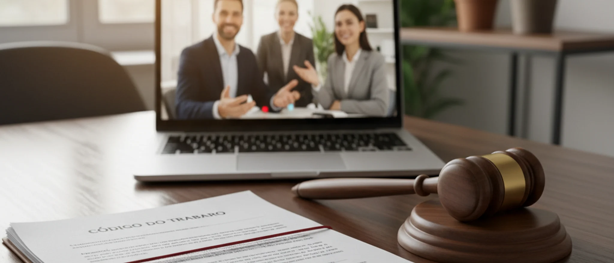 Trabalhadora portuguesa a consultar um advogado trabalhista por videochamada num escritório doméstico em Lisboa