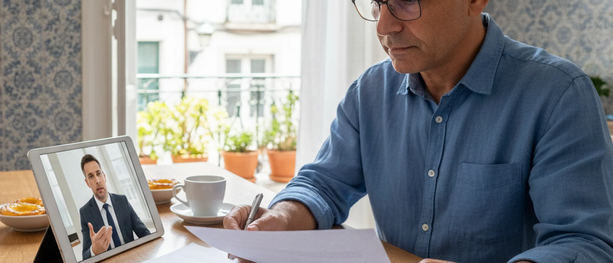 Homem a rever documentos de contrato de trabalho enquanto consulta advogado através de tablet