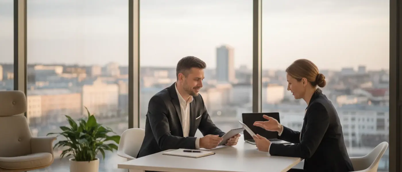 Profissional portuguesa a consultar um advogado trabalhista por videochamada num escritório doméstico moderno em Lisboa