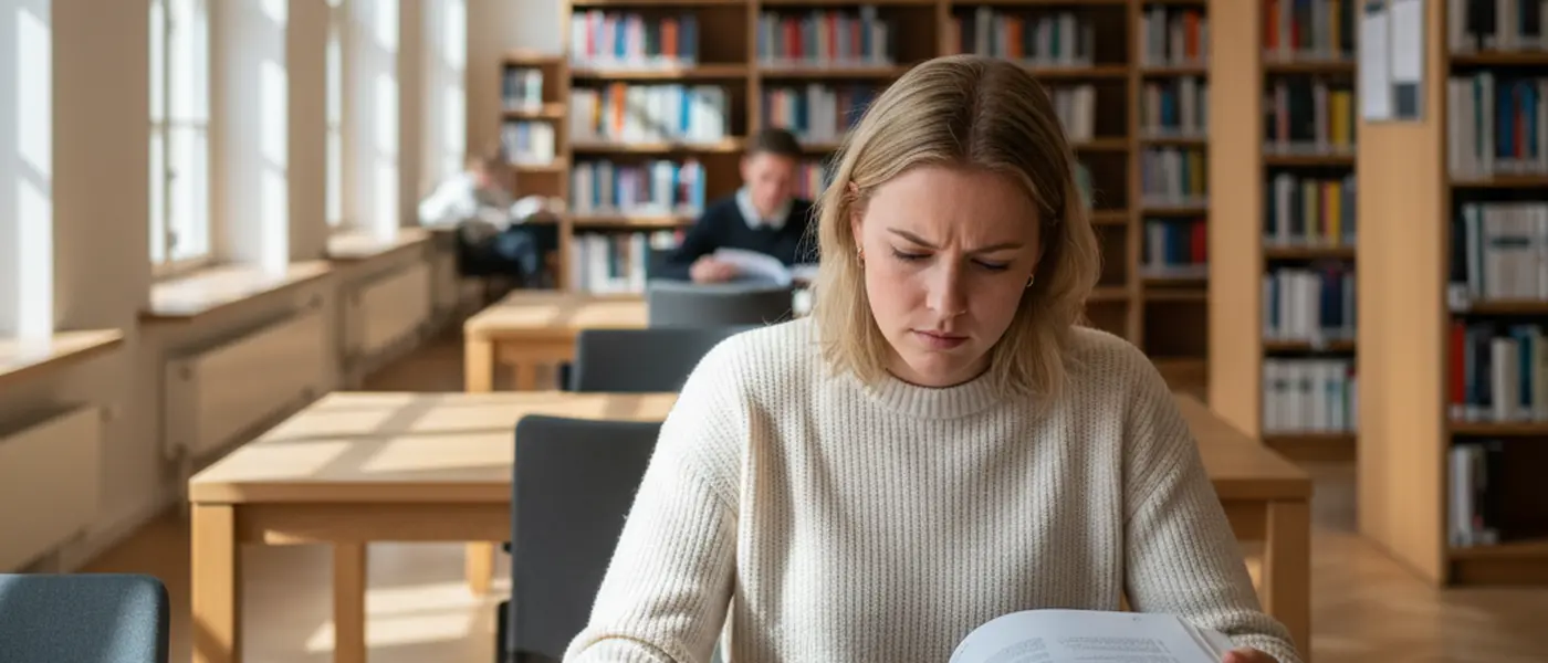 Ung kvinde læser juridiske dokumenter på et dansk bibliotek med bogreoler og dagslys i baggrunden