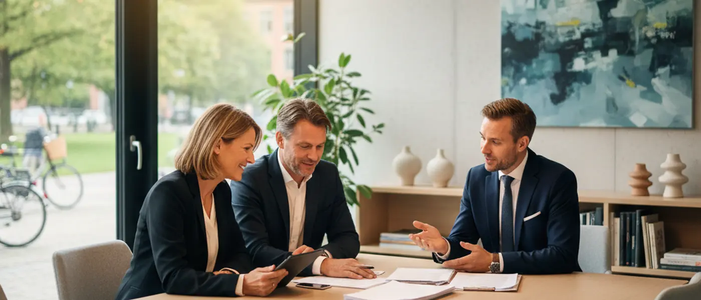 Dansk par gennemgår dokumenter sammen med en rådgiver i et moderne skandinavisk kontor