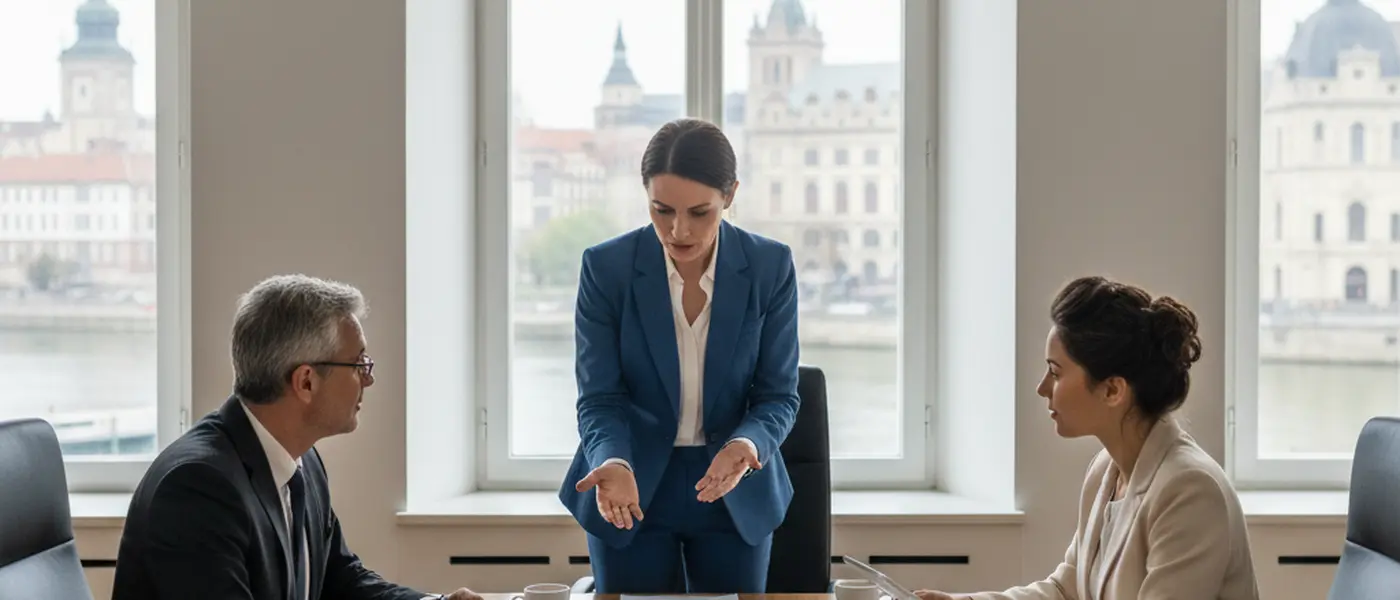 Mand konsulterer en kvindelig advokat i et moderne københavnsk advokatkontor med skandinavisk indretning