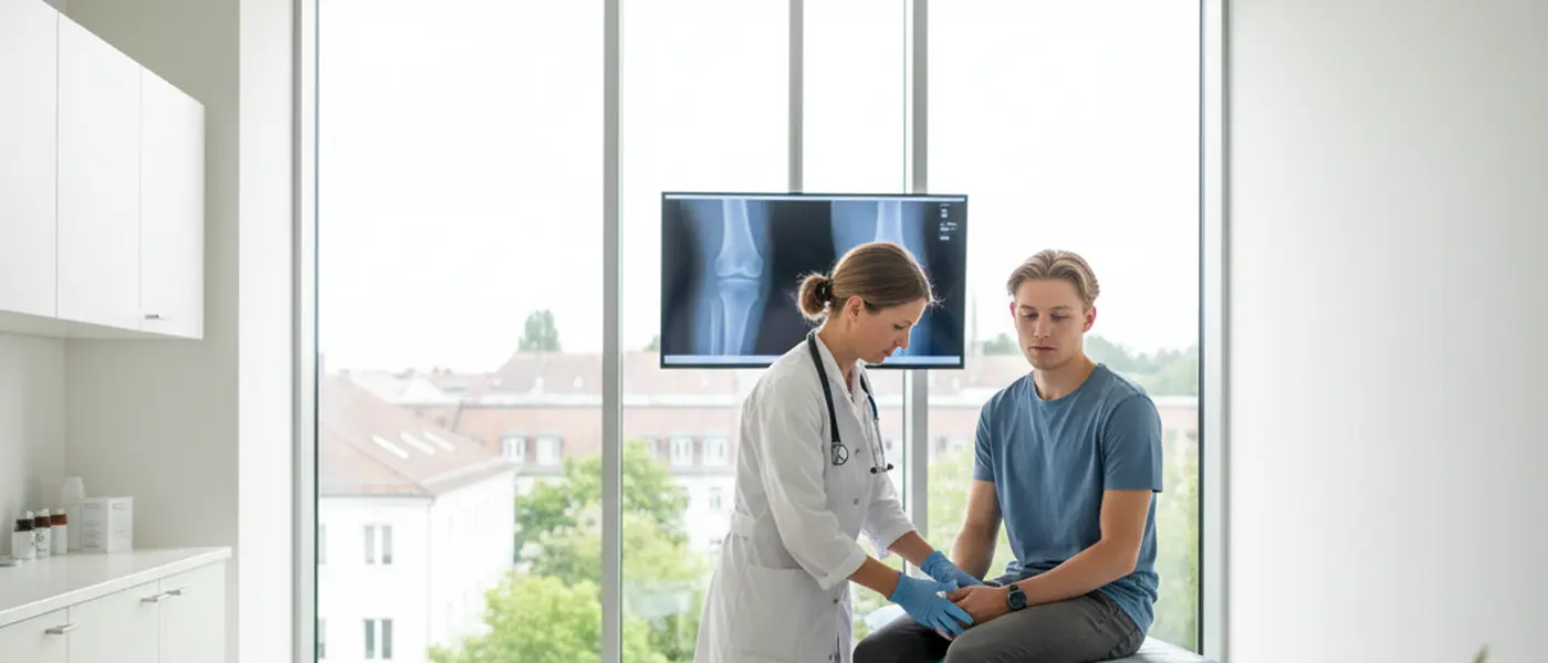 Ein Arzt untersucht einen Patienten nach einem Sportunfall in einer deutschen Klinik