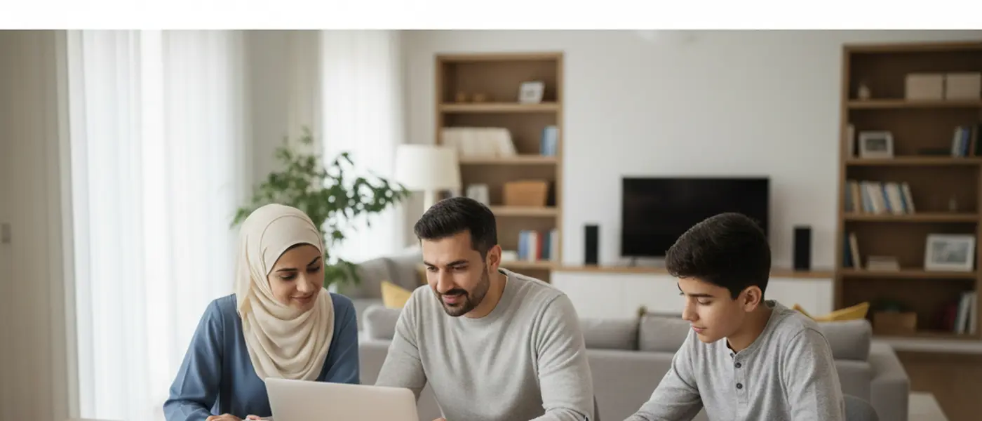 British Muslim family reviewing charitable giving documents together with legal paperwork at home