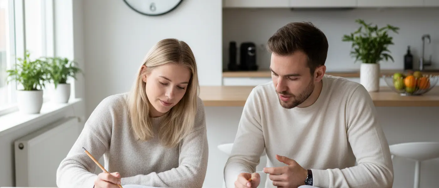 Elev och privatlärare löser matteproblem vid ett köksbord med läroböcker och miniräknare