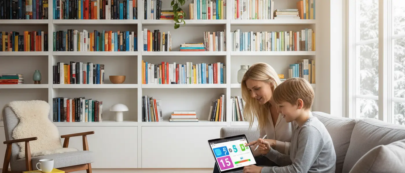 Förälder och barn framför en bärbar dator med matteövningar i ett hemtrevligt svenskt vardagsrum