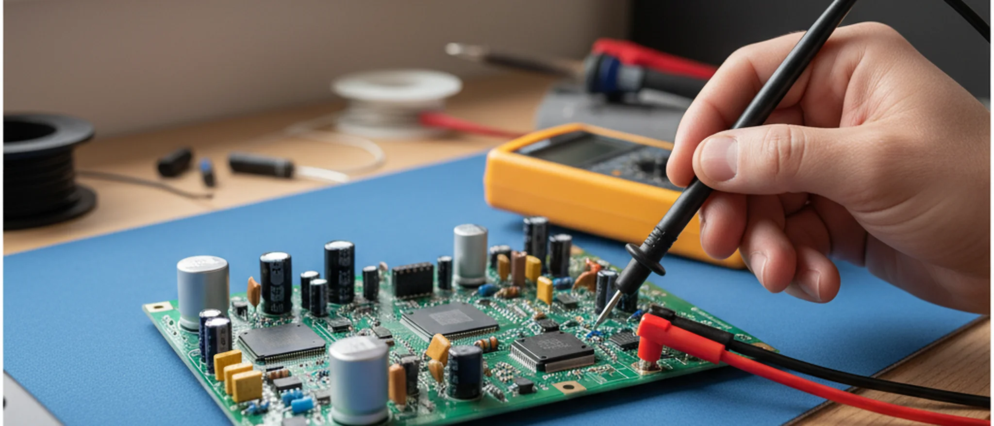 Electronics technician using an oscilloscope to diagnose a circuit board in a UK repair workshop