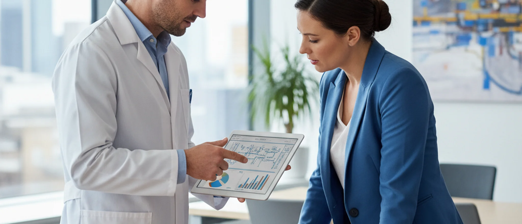 Professional electronics technician discussing a diagnostic report with a business owner in a modern British office