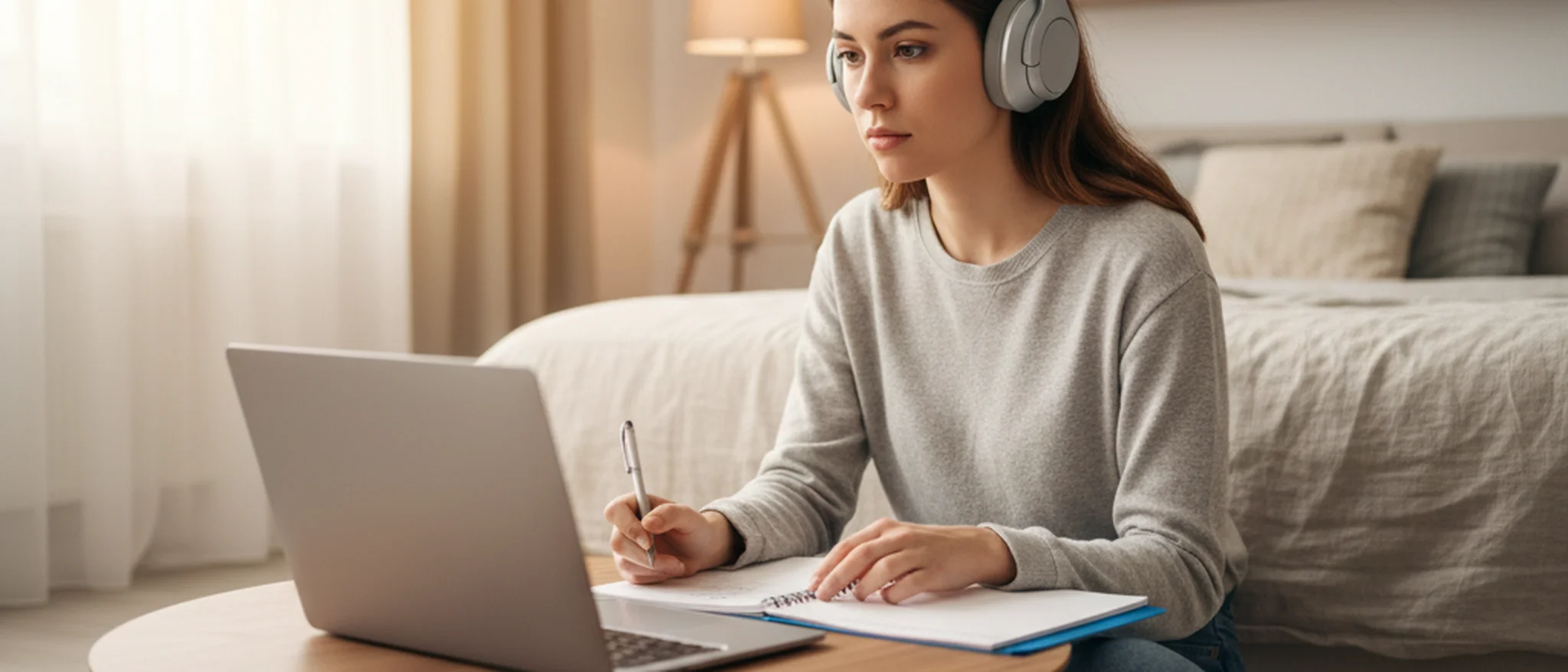 Élève suivant un cours particulier en ligne avec un casque audio, prenant des notes dans sa chambre