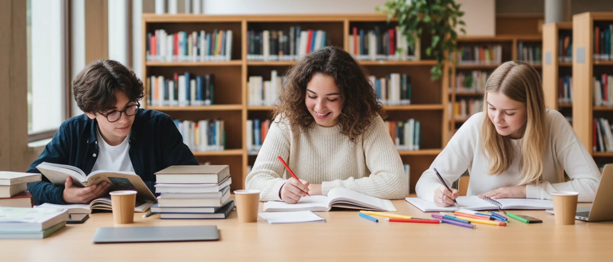 Trois adolescents étudiant ensemble autour d'une grande table dans une bibliothèque avec manuels et stylos